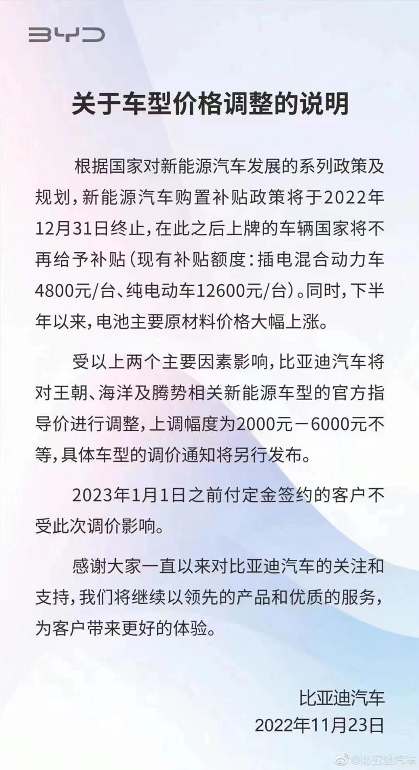 比亚迪官宣：涨价！
