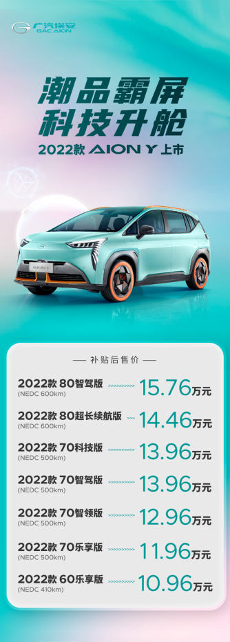 2022款AION Y上市，售10.96万元起