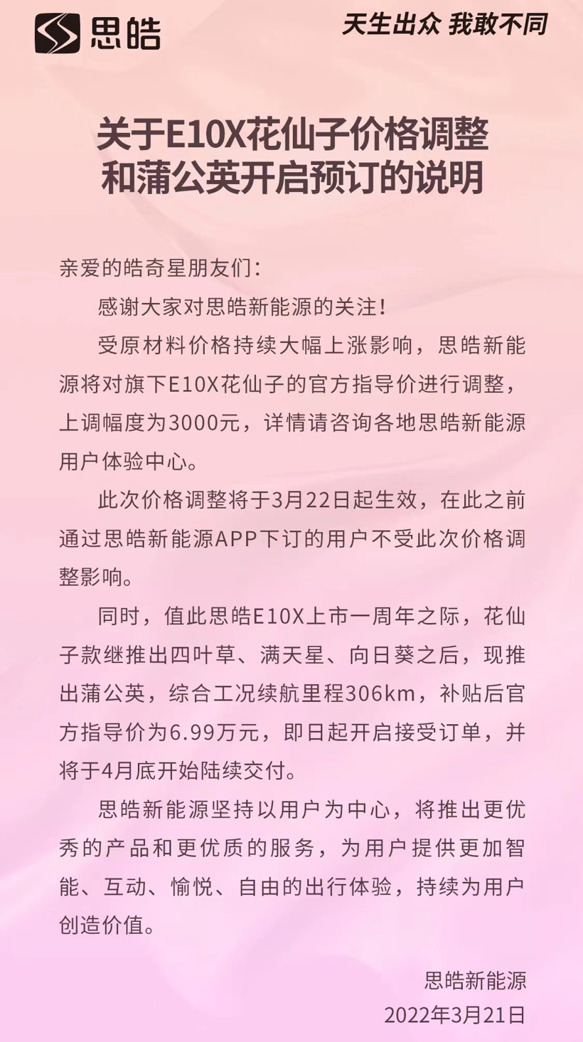 因原材料价格大幅上涨 思皓E10X花仙子涨价3000元