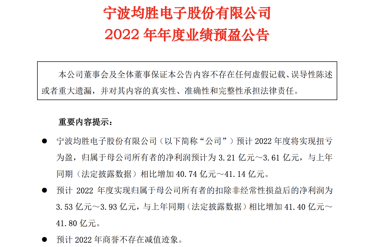 均胜电子2022年业绩预计扭亏为盈，净利将超3亿元