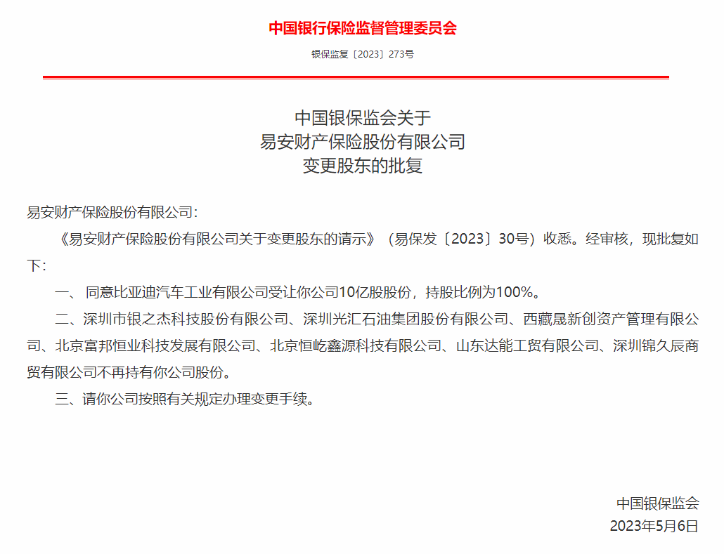 进军车险业？比亚迪收购易安财险获银保监会批复