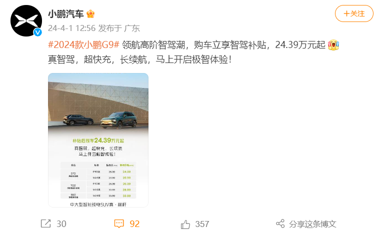 2024款小鹏G9限时减免至高2万元