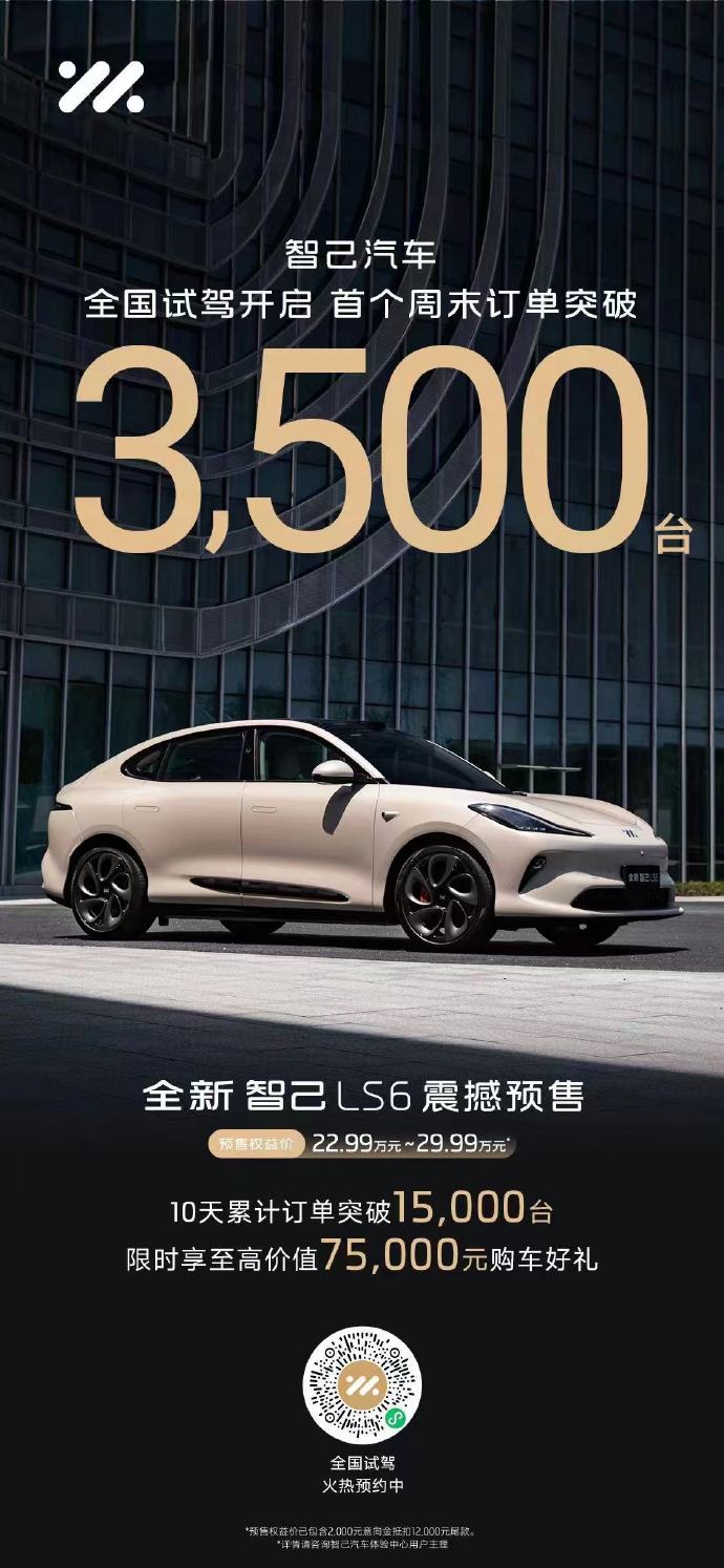 全新智己LS6首个周末订单突破3500台，10天累计订单突破1.5万台