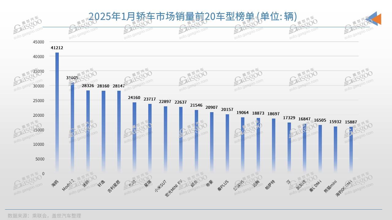 1月轿车销量TOP20：海鸥蝉联冠军，12款车月销破2万