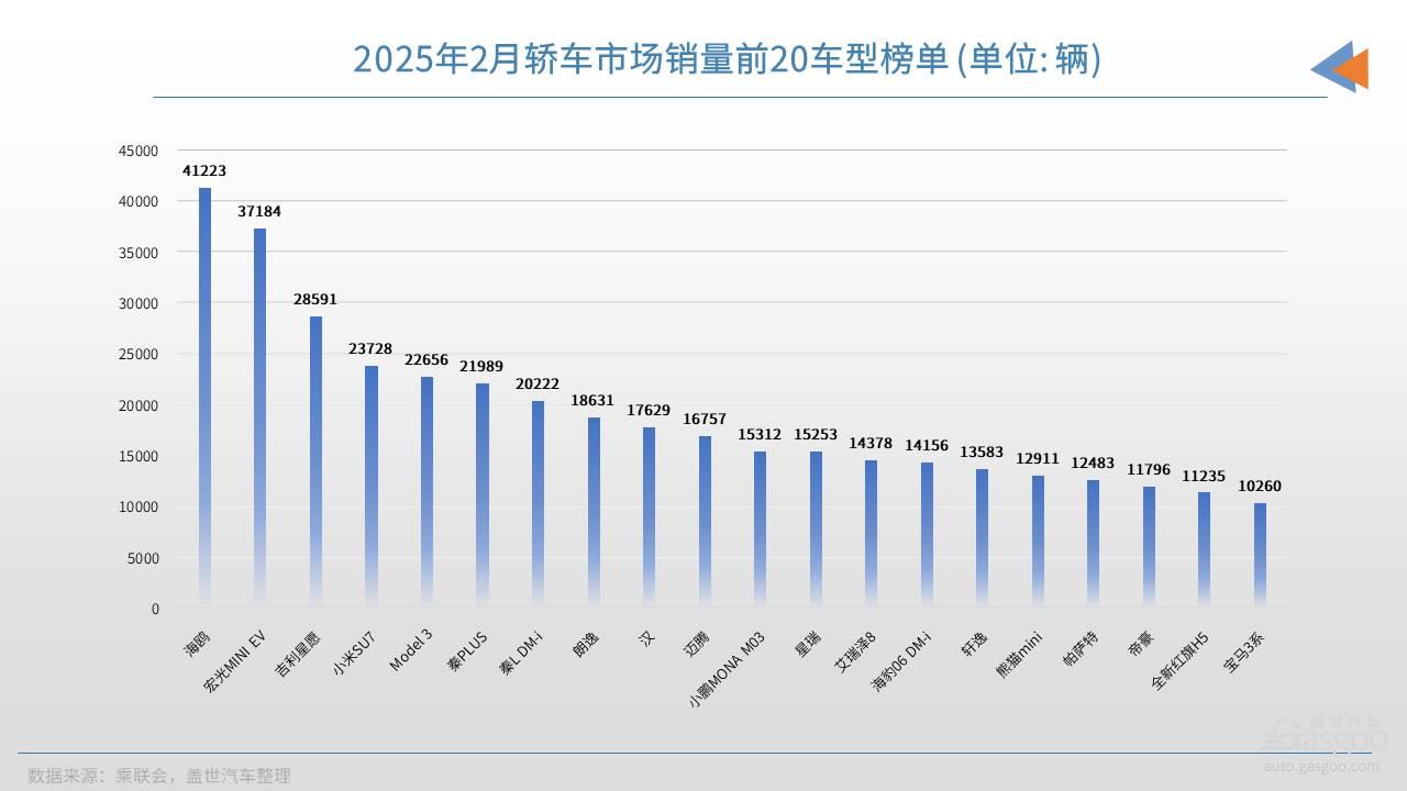 2月轿车销量TOP20：海鸥继续领跑，前四都是自主车