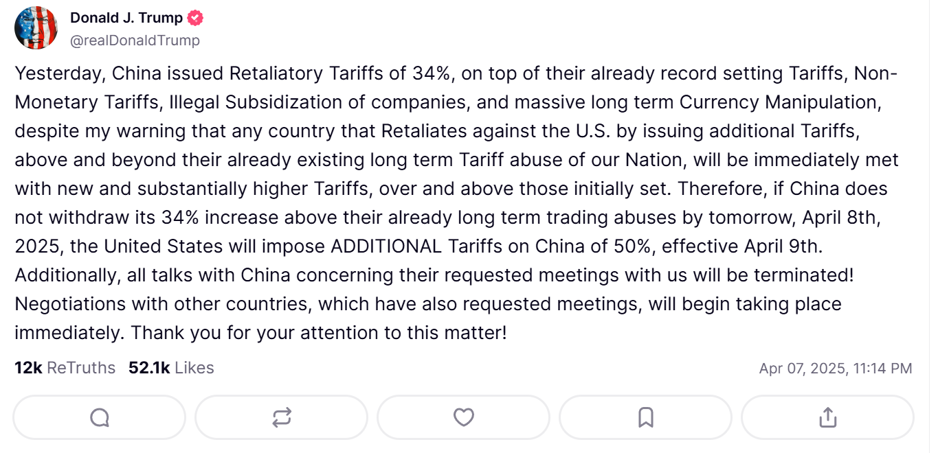 特朗普威胁对华再加征50%关税，中方称将奉陪到底
