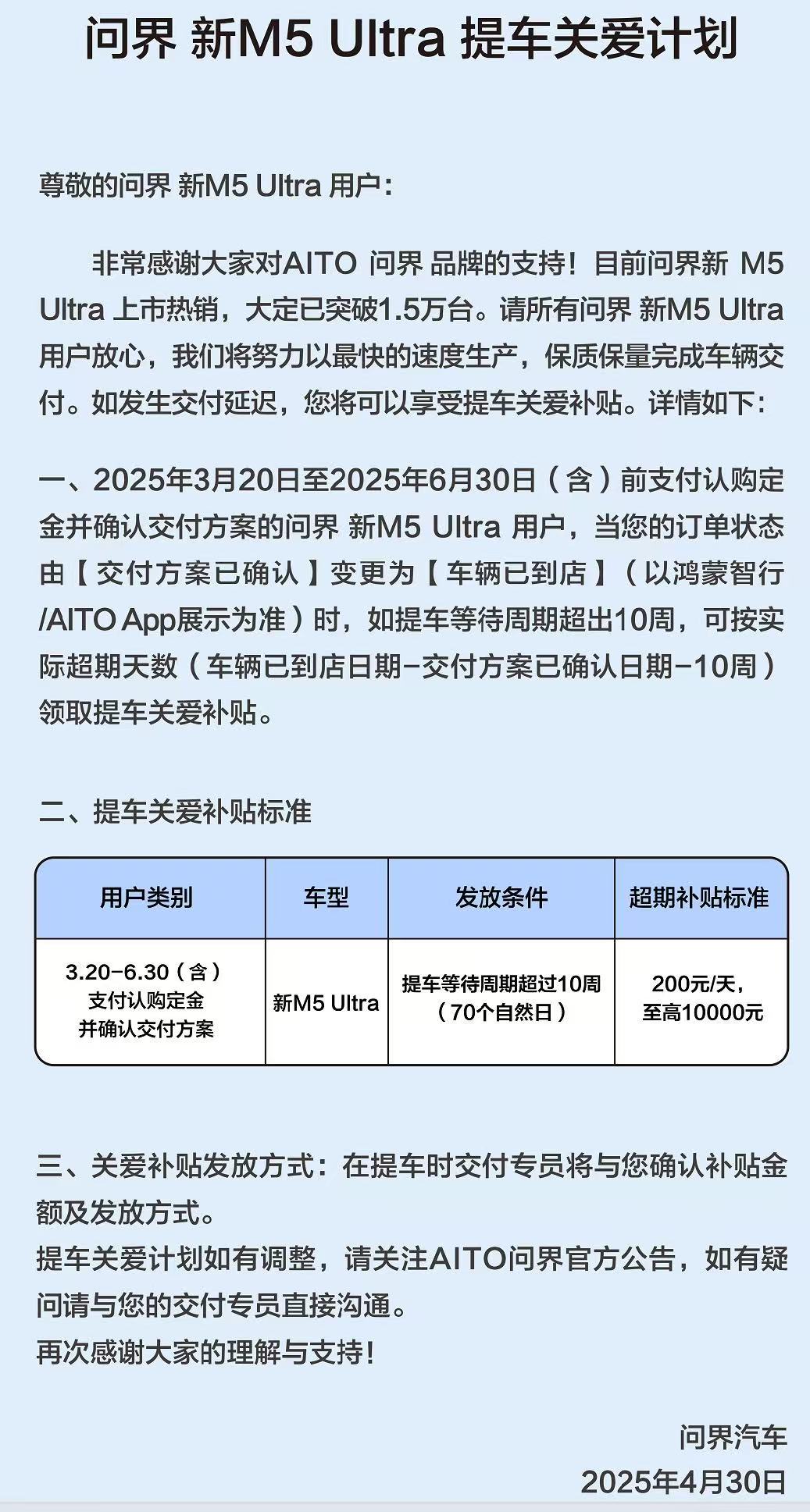 问界新M5 Ultra大定破1.5万辆，官方推关爱提车计划