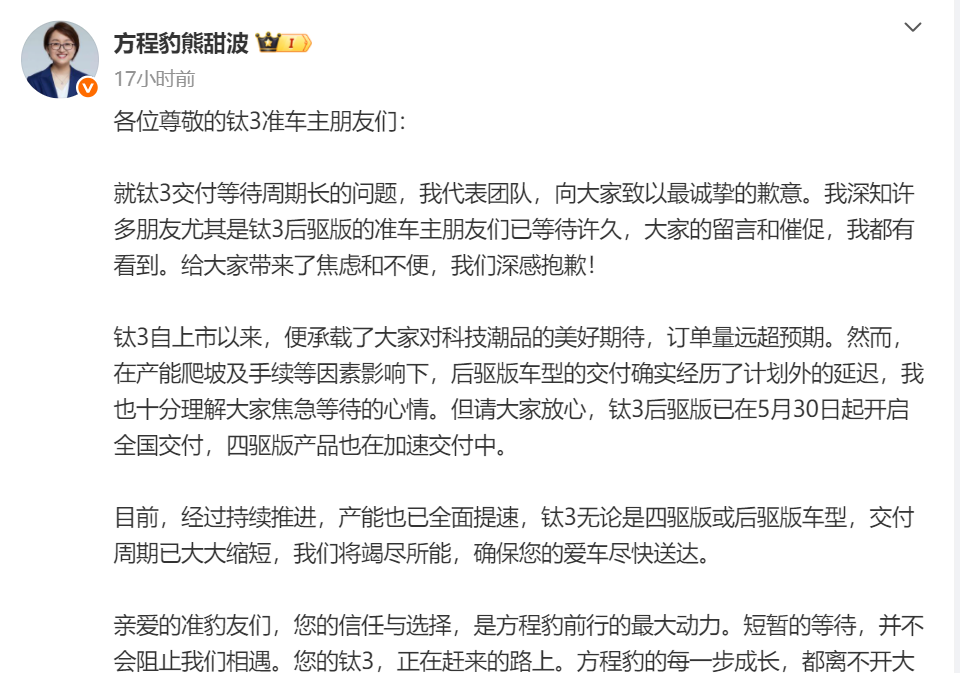 方程豹熊甜波：钛3后驱版车型交付经历计划外延迟