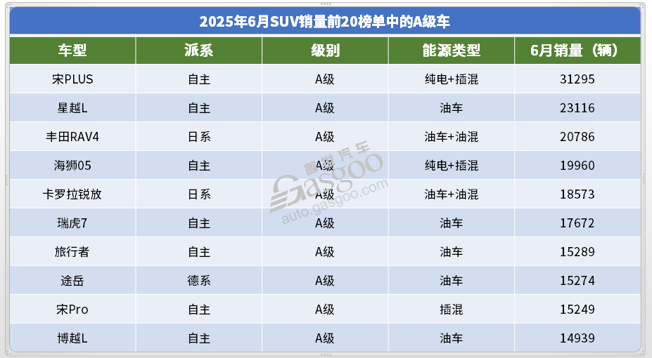 2025年6月SUV销量TOP20：Model Y月销破5万辆，自主“夺下”高端市场？